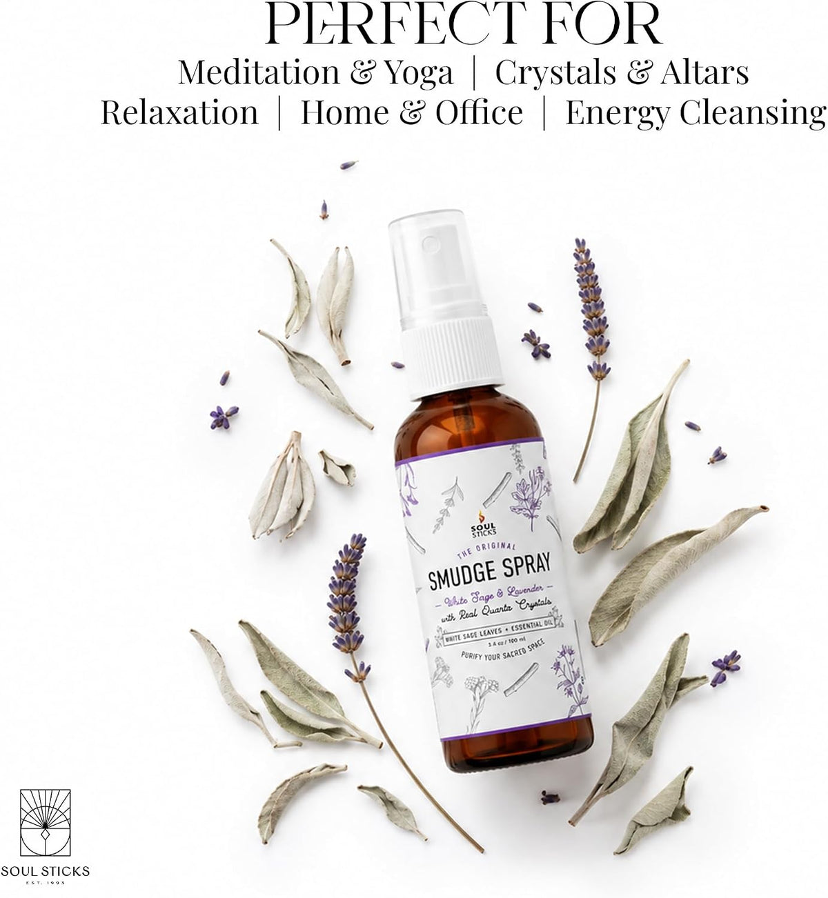 SOUL STICKS White Sage &amp; Lavender Smudge Spray – 3.5oz Smokeless Mist with Quartz Crystals – Calming Essential Oil Spray for Sleep, Stress Relief, Meditation, and Energy Cleansing