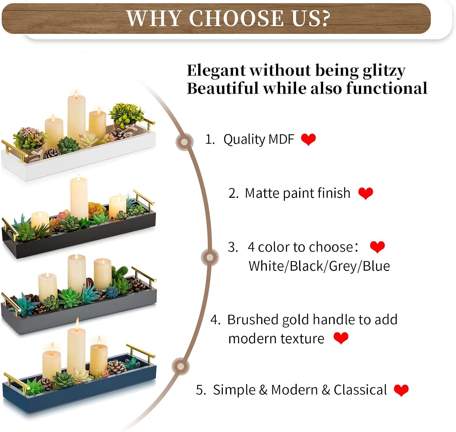 Hanobe Long Tray for Table Centerpiece: Decorative Narrow Trays Wooden Candle Holder - Centerpiece Tray with Handles for Home Decor Dining Table Coffee Bar Living Room,White