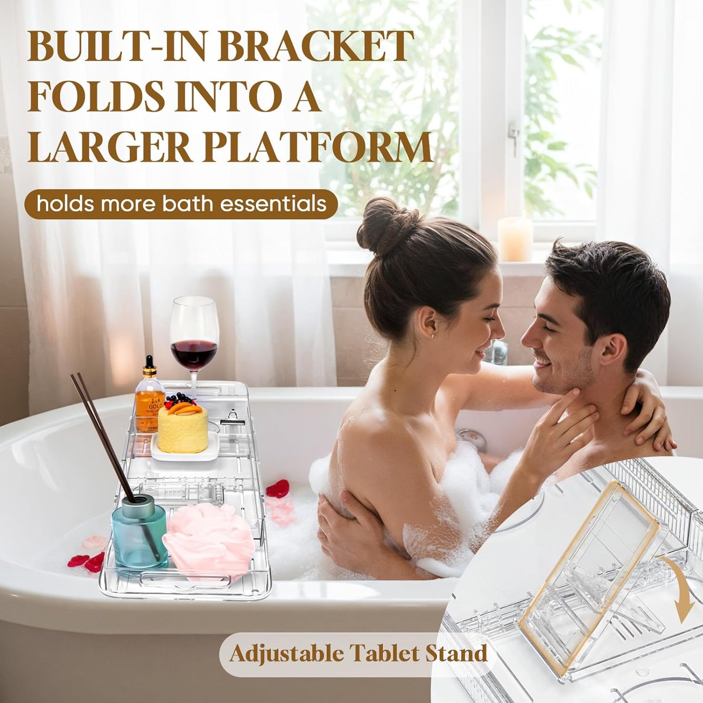 Expandable Clear Acrylic Bathtub Tray Caddy, Foldable Tub Bath Tray with Drain Slots, Slip-Resistant Waterproof Bathroom Shelf Caddy & Home Spa Gift for Women