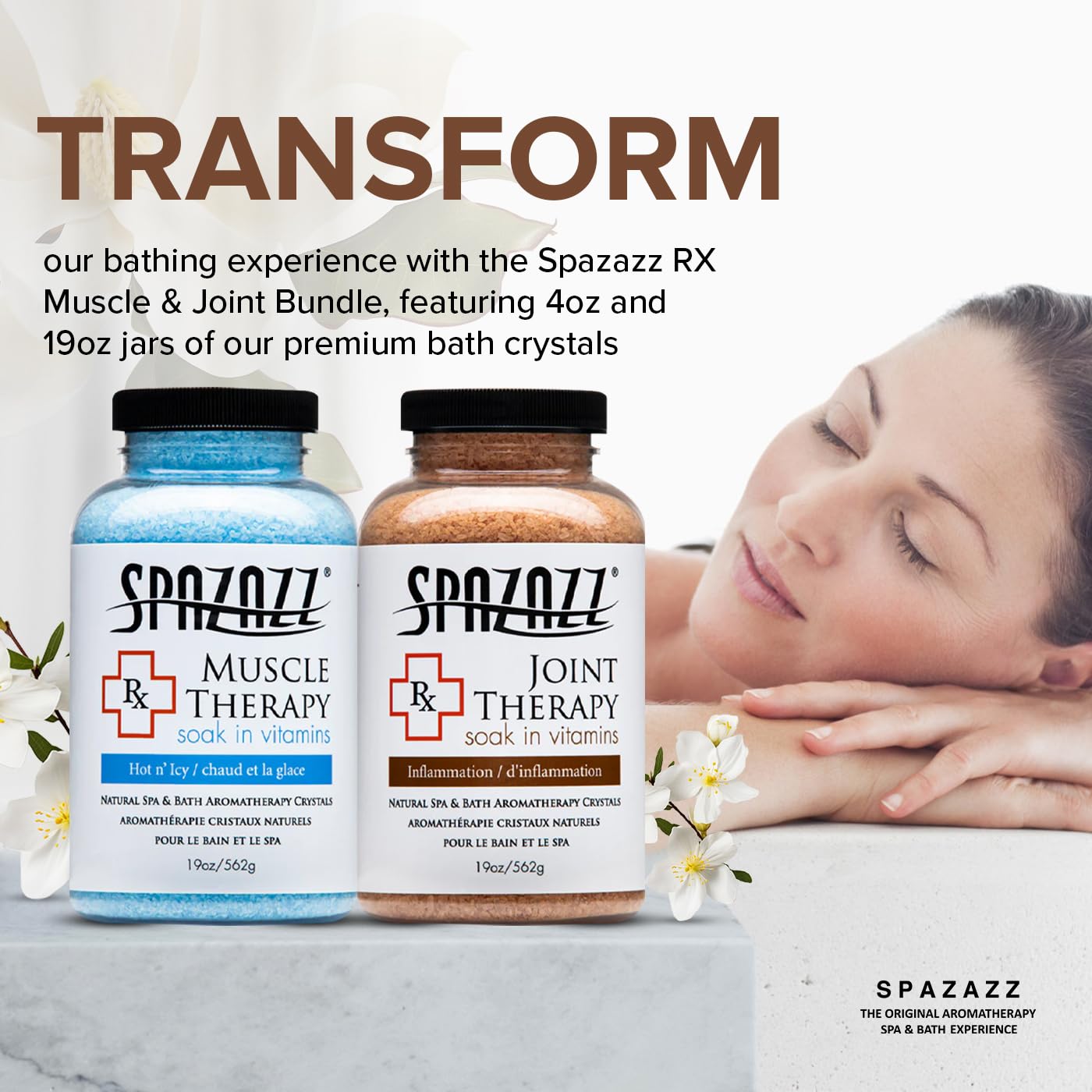 Spazazz Hot Tub Aromatherapy Spa and Bath Salts Crystals 2 Pack Bundle- One 19 Oz Jar Each Spazazz Muscle Therapy and Joint Therapy Plus a 5 Point Massager- Safe for All Spa and Hot Tub
