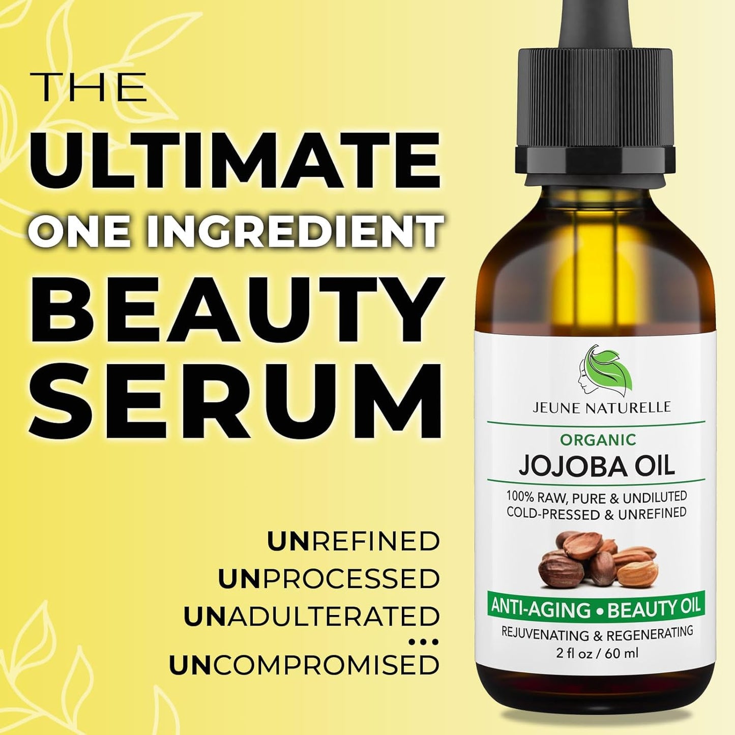 Jeune Naturelle Jojoba Oil Organic Cold Pressed - 100% Pure, Raw, Virgin, Undiluted, Unrefined - Ideal for Hair, for Skin, for Hair Growth, 2 oz