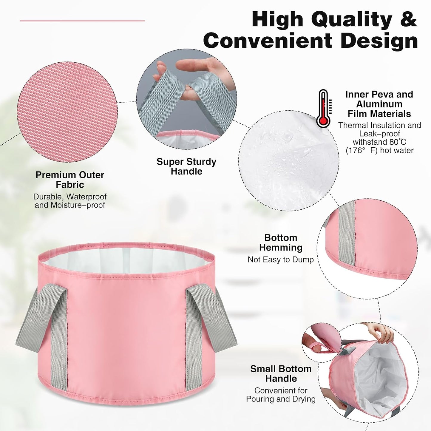 Maxcheck 14L 6 Pcs Pink Collapsible Foot Basin Tub Portable Soaking Feet Bath Bag Foldable Bucket with Handles Pedicure Foot Spa Tub for Travel Camping Outdoor Washing