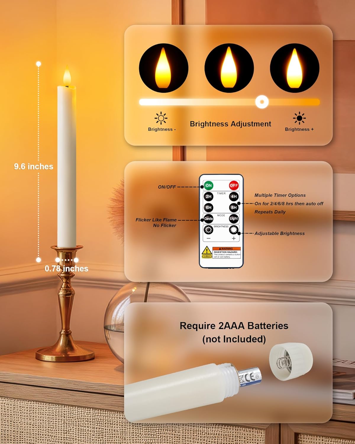 Homemory 12 Pcs Waxy Flameless Taper Candles with Remote, Flickering Battery Operated, LED Flameless Candlesticks, Classic Tall Taper Candles for Home, Wedding, Party, White, 9.6 inches