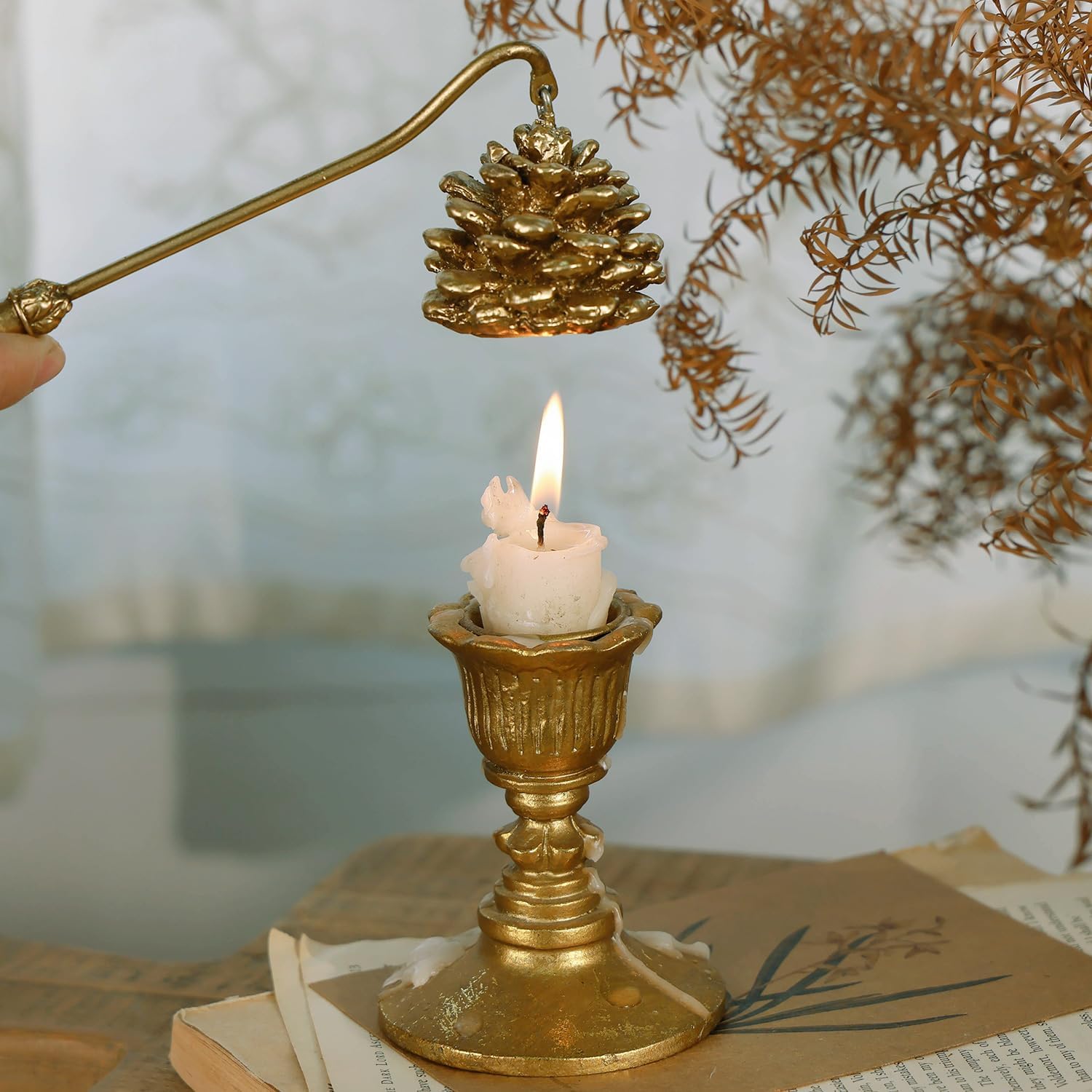 NIKKY HOME Candle Snuffer, Gold Candle Snuffer Extinguisher with Handle, Metal Wick Flame Snuffer with Antique Gold Finish Candle Snuffers Accessory for Candle Lovers