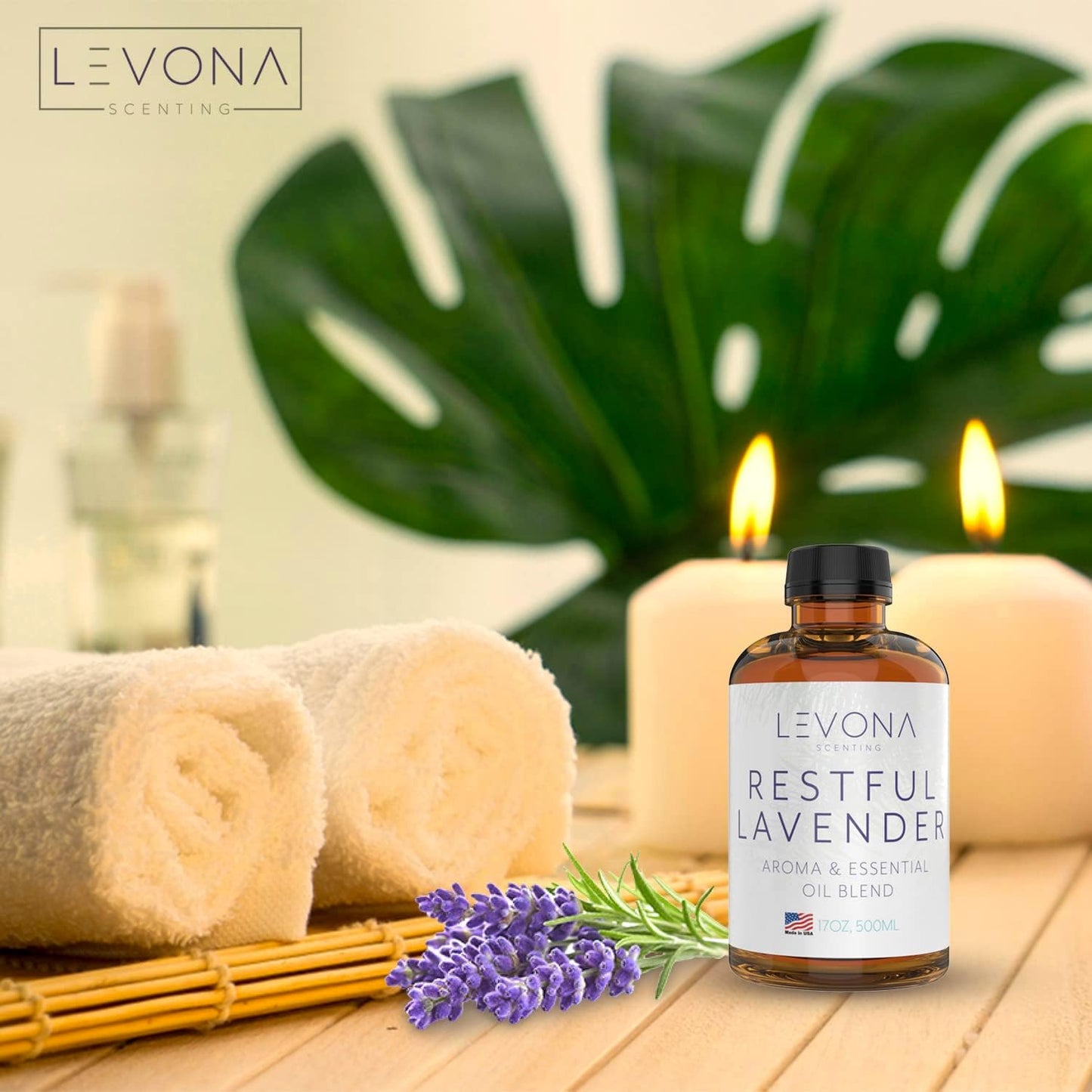 Levona Scent Essential Oil - Fresh Aroma for Home, Office, Hotel & Spa, Perfect in Humidifiers and Diffusers, Luxury Fragrance, with Eucalyptus, & Bergamot Notes - 500ml/ 17 fl oz, Restful Lavender