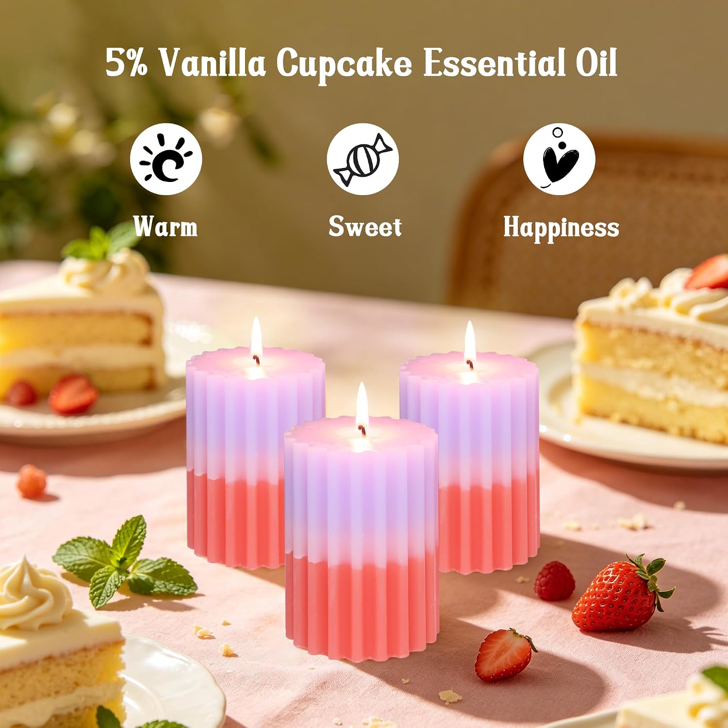 Ribbed Pillar Candles Purple Coral Gradient Vanilla Scented 3x4 Inch Candle Handmade Striped Aesthetic Retro Textured Pillar Candle for Boho Home Decor, Coffee Table, Weddings Party, 3-Pack