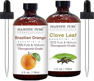 Majestic Pure Brazilian Orange Essential Oil with Clove Leaf Essential Oil - 100% Pure and Natural, Therapeutic Grade Oils – 4 fl oz Each