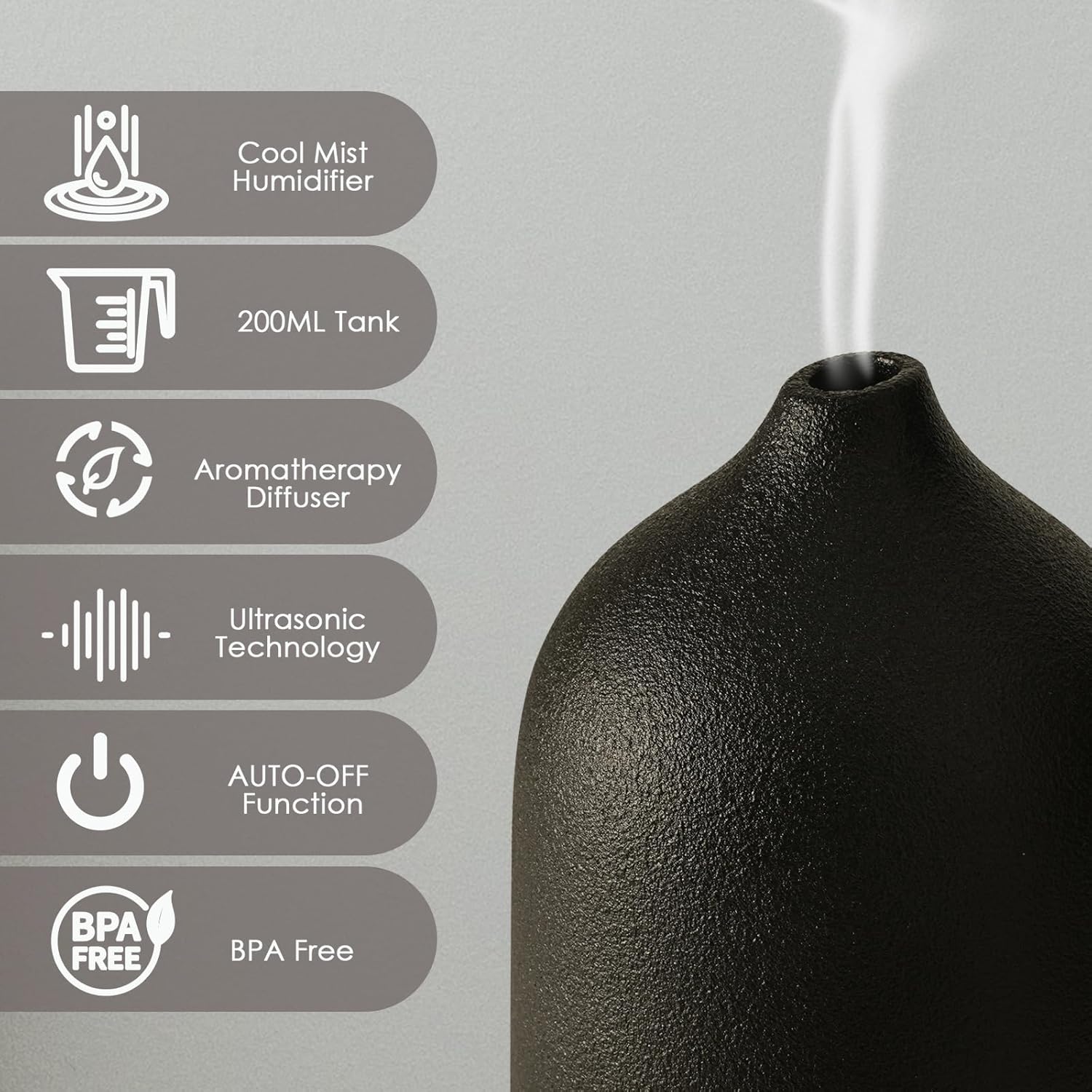 Diffuserlove Ceramic Essential Oil Diffuser Aromatherapy Diffusers for Home Bedroom Air Stone Diffuser Black Base
