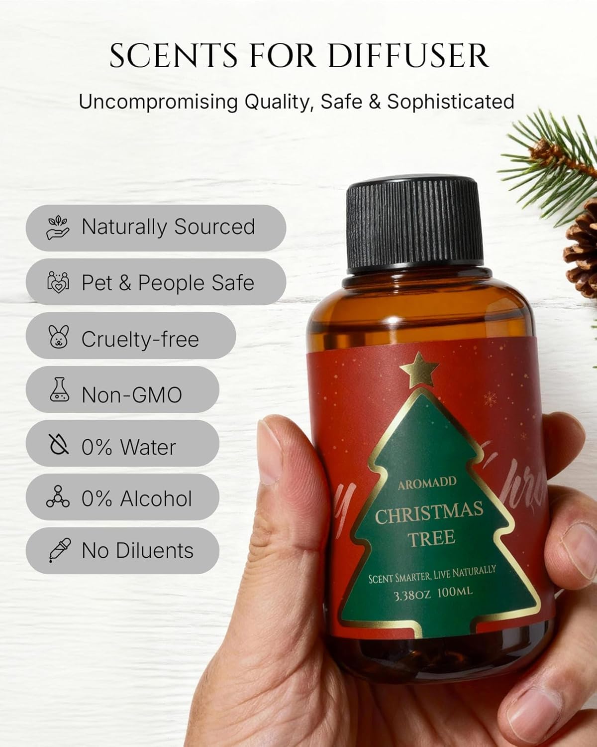 Aromadd Aromadd Christmas Tree Diffuser Oil Inspired by Luxury Hotel Scent, Essential Oils for Waterless Diffuser, Festive Pine & Cedarwood Amber, Long-Lasting Home Fragrance - 3.38 fl oz (100 mL)