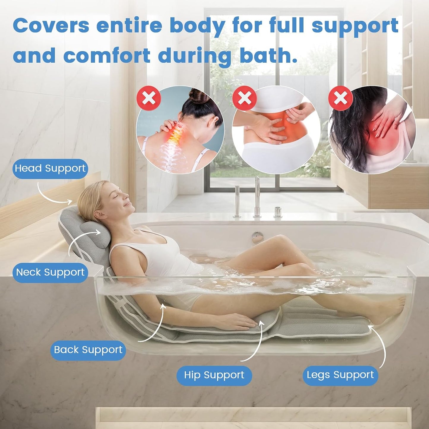 Upgraded Full Body Bathtub Pillow – 6D Air Mesh Bathtub Cushion with 168 Suction Cups for Neck, Back & Shoulder Support – Thick Quick-Dry Mesh Foam for Home Bathtub