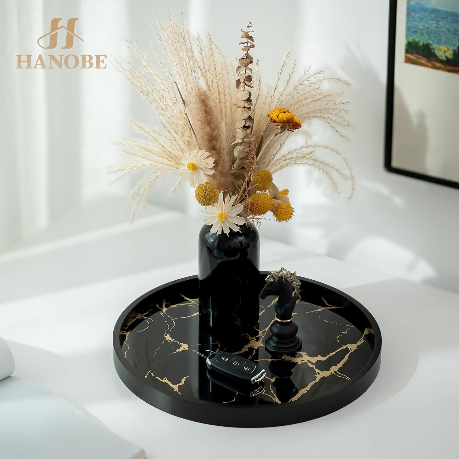 Hanobe Decorative Tray for Home Decor: Black Imitation Marble Round Serving Tray 11.8" Modern Coffee Table Centerpiece for Display Bar Table Living Room Entryway Kitchen Corner