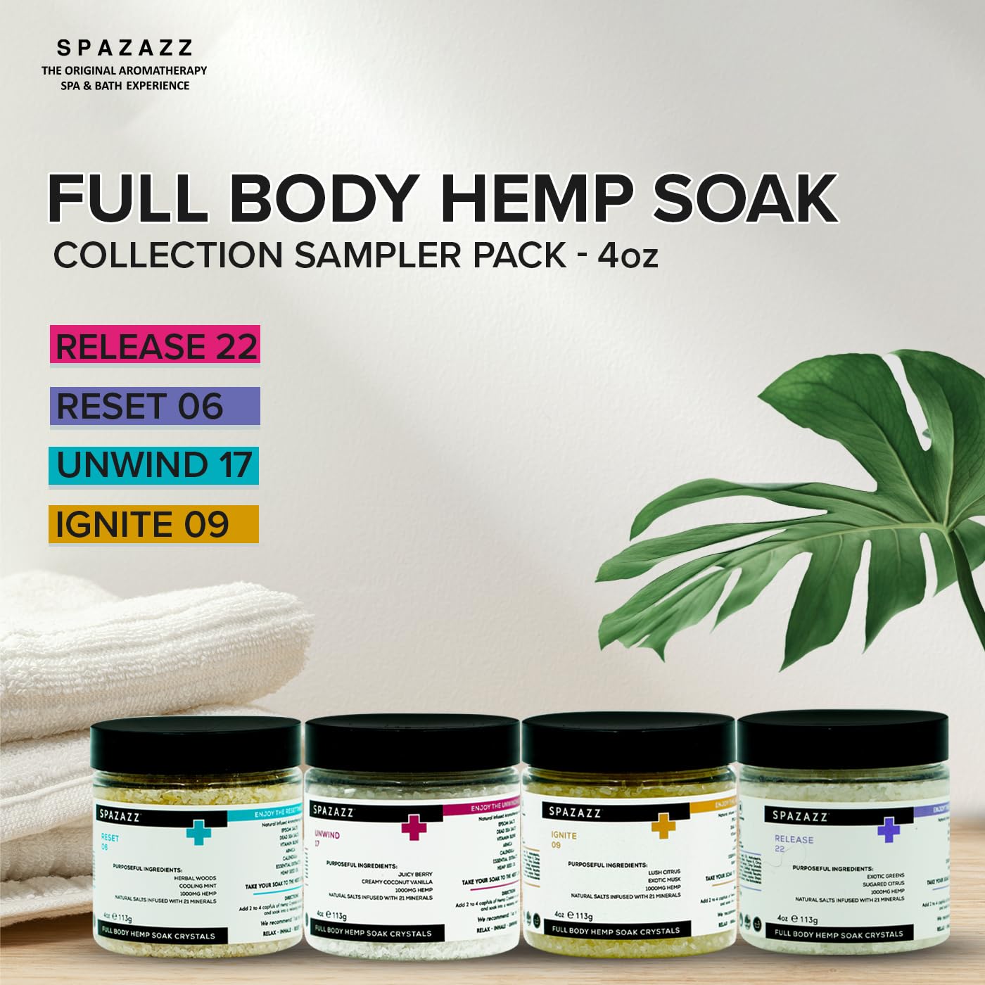 Spazazz Hot Tub Aromatherapy Full Body Hemp Soak Collection Sampler Pack - 4oz 1000 mg Hemp Spa Aromatherapy Hot Tub Bath Salt Crystals 4 Pack: Release 22, Reset 06, Unwind 17, Ignite 09