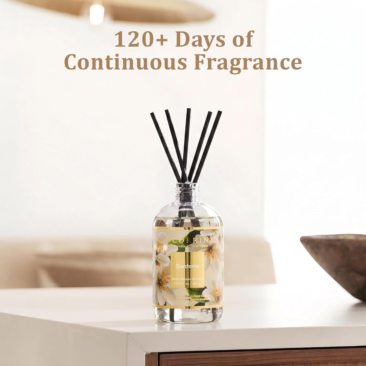 Cocorrína Reed Diffuser Refill Gardenia 10.2oz (300ml) with 8 Sticks - Premium Long-Lasting Floral Essential Oil, Home Fragrance for Bedroom, Bathroom Home Decor