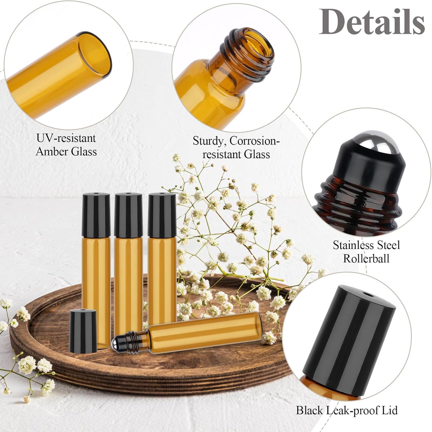 12 Pack Amber Roller Bottles for Essential Oils, 10ml Glass Roll On Bottles for Travel and Lip Gloss, Empty Perfume Roller Ball Applicator Bottle With Lid, Dropper, Funnel, Opener, Labels