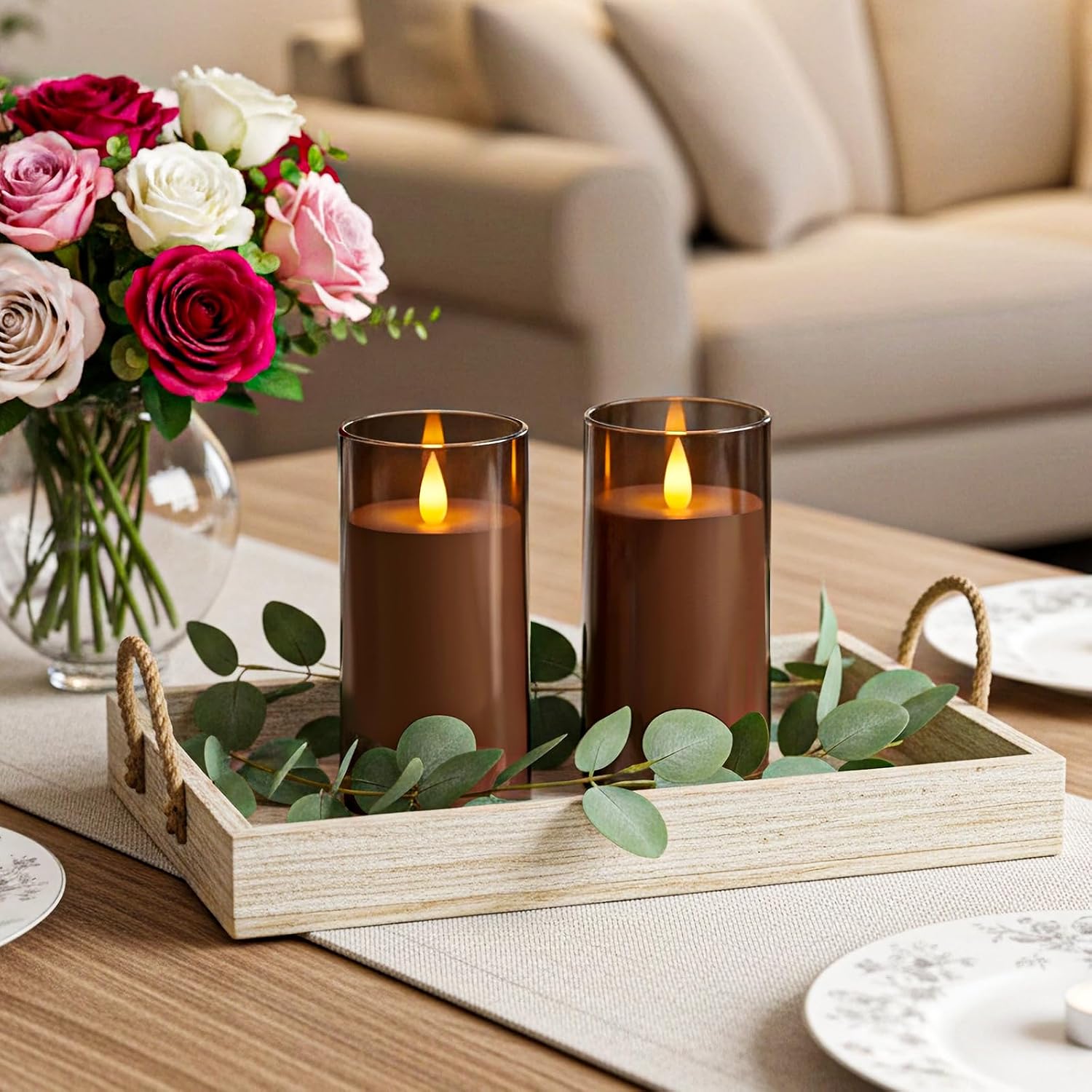 Homemory Realistic Flickering Flameless Candles, Battery Operated Candles, LED Fake Electric Candle with Remote Control and Timer for Home, Christmas Decoration, Grey, Set of 2 (H 6" 6")