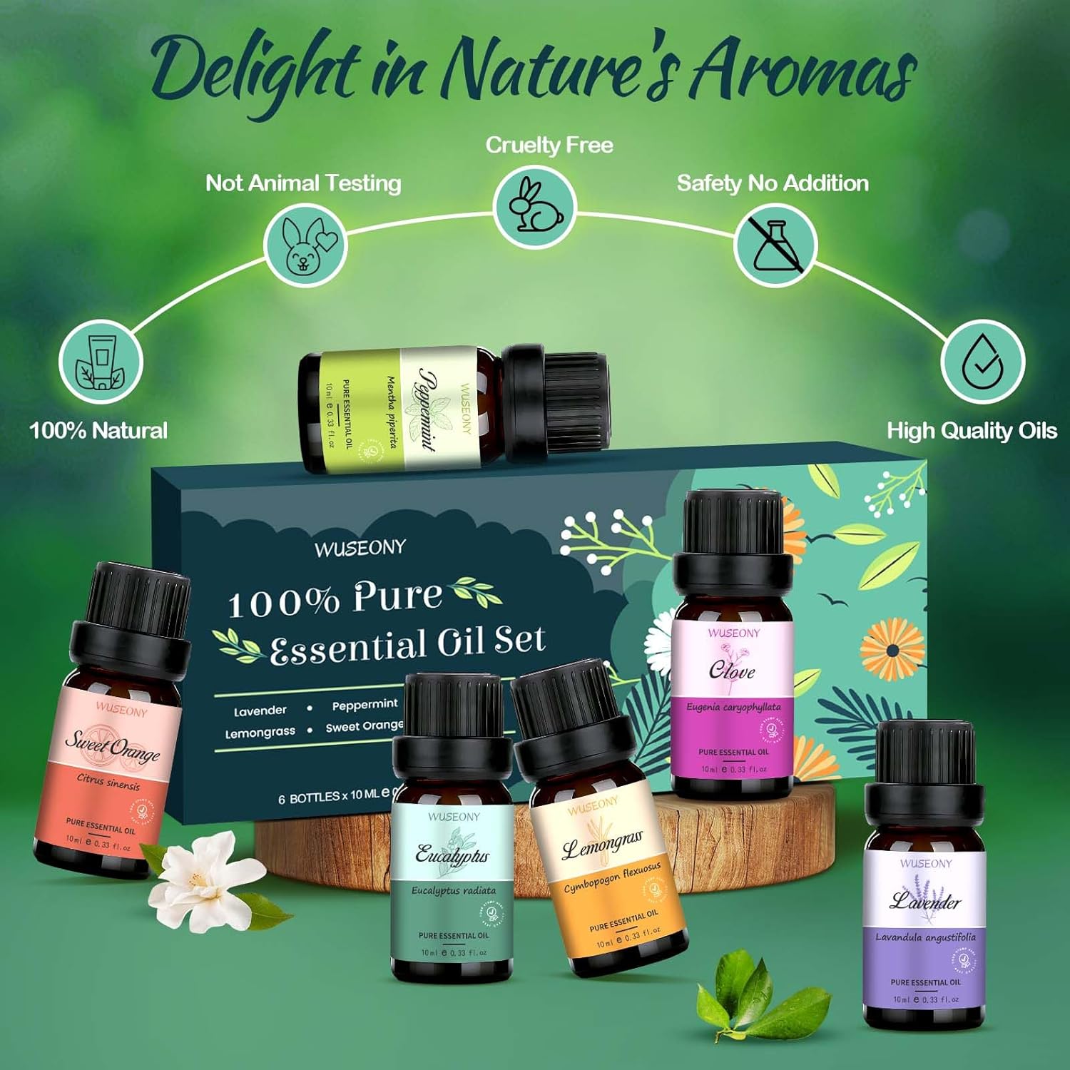 WUSEONY Top 6 Natural Aromatherapy Oils Gift Set, Essential Oils for Diffusers Home, Fragrance Oil Scent for Candle Soap Making - Lavender, Peppermint, Eucalyptus, Lemongrass, Sweet Orange, Clove