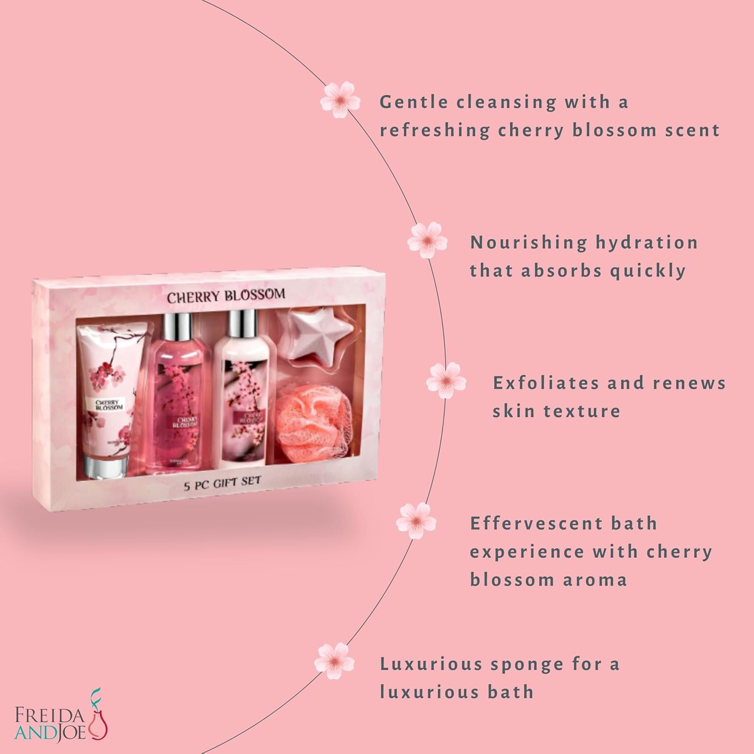 Fragrance Bath & Body Collection Gift Box, Includes Shower Gel, Body Lotion, Body Scrub, Bath Bomb & Sponge (Cherry Blossom) – Mother's Day Gift for Mom