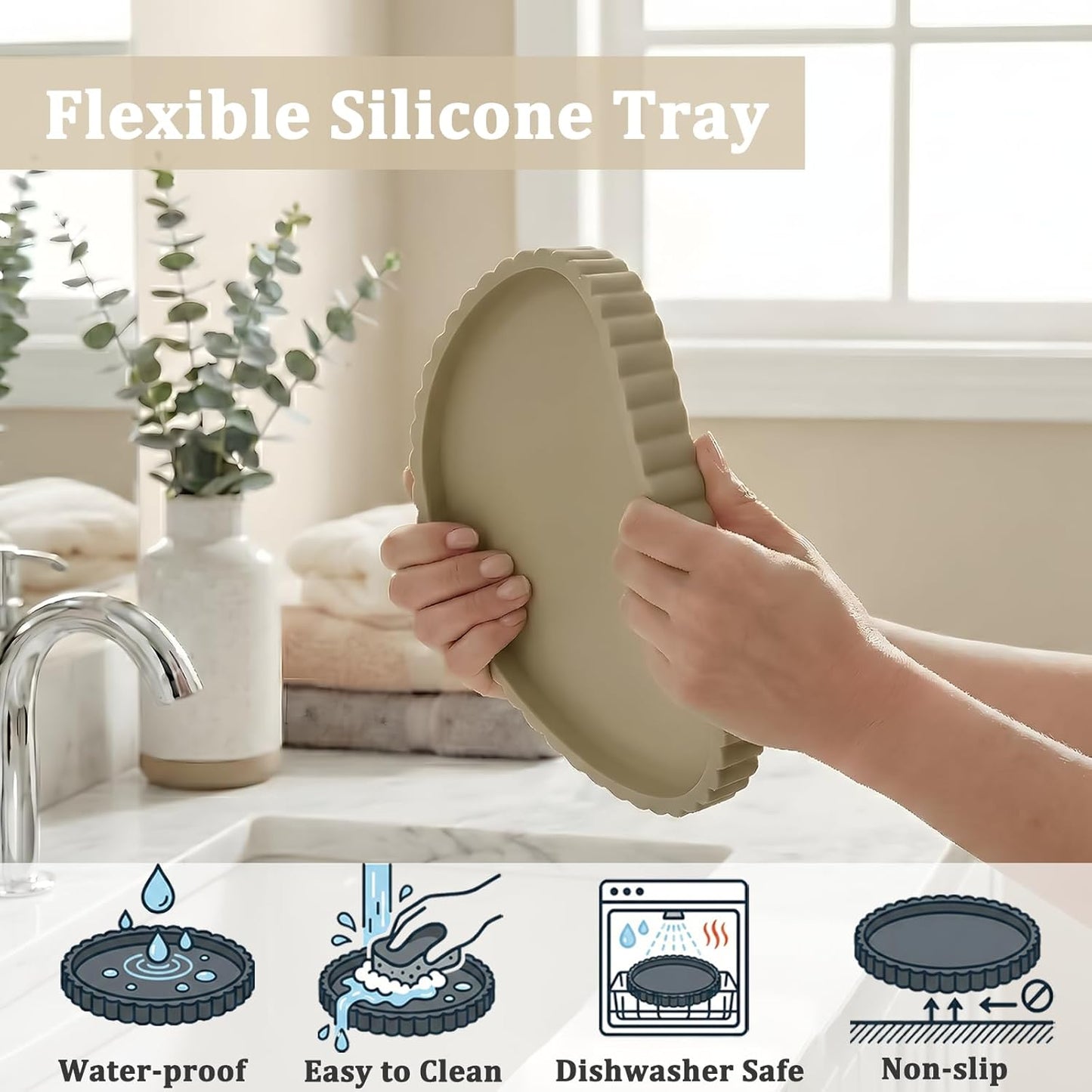 Silicone Bathroom Vanity Tray, Modern Round Decorative Tray for Countertop, Waterproof & Unbreakable Cosmetic Perfume Organizer, Extra-Thick & Sturdy, Easy to Clean Candle Tray (9 Inch, Khaki)