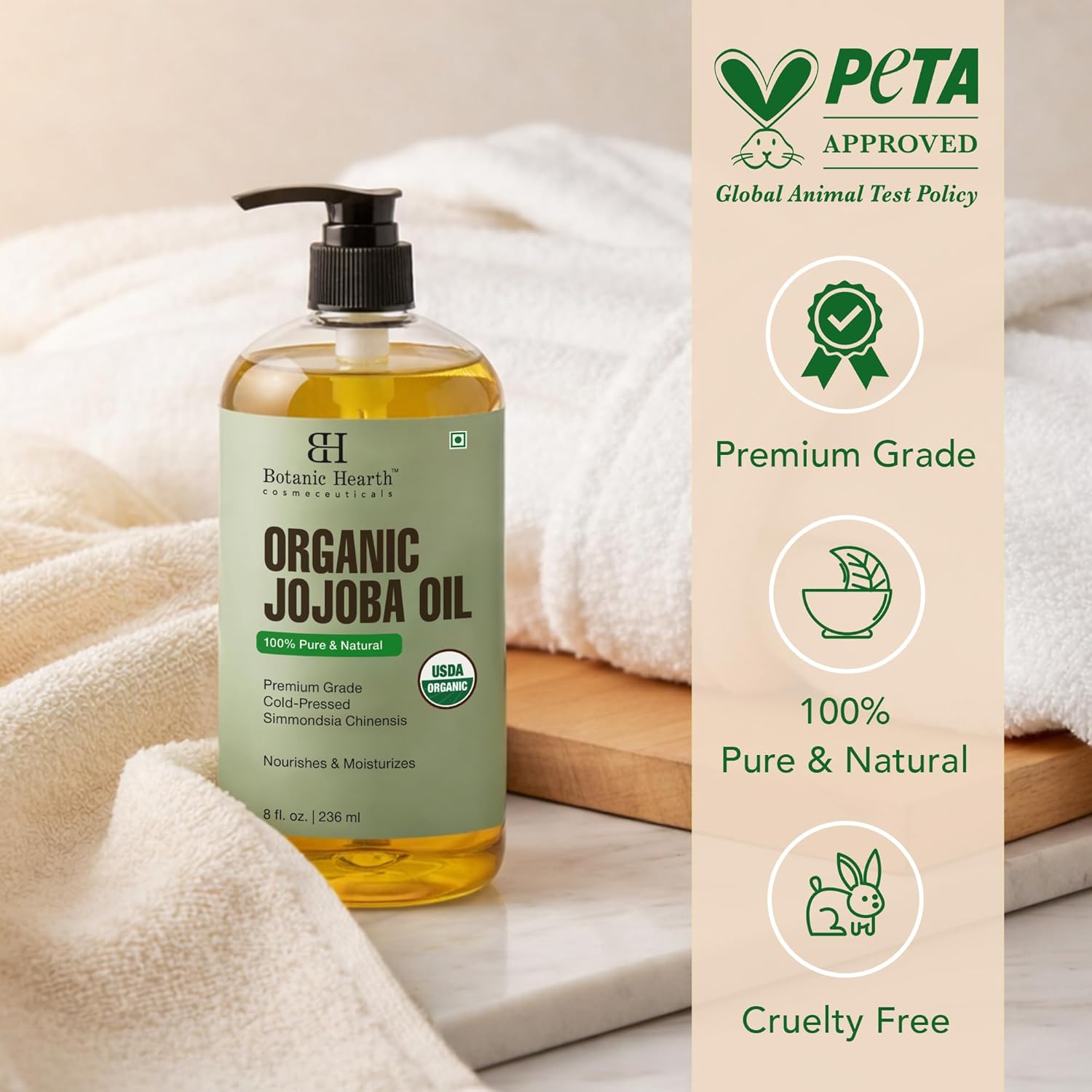 Botanic Hearth USDA Organic Jojoba Oil 8 Fl Oz |100% Pure and Natural- Cold Pressed & Hexane Free Natural Hair Growth Oil for Eyelashes, Eyebrows, Skin, Body, Face, Nails & Scalp