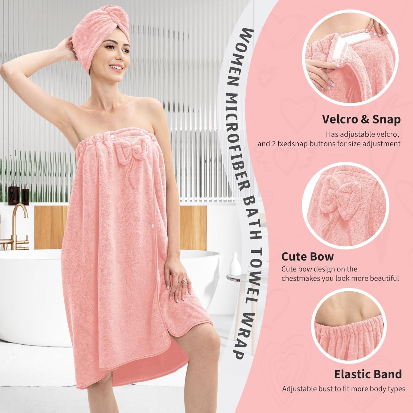 Bath Wrap Towels for Women – Adjustable Spa Shower Wrap with Super Absorbent Microfiber, Quick-Dry Body & Hair Towel Set for Home, Hotel, Beach, Pool, Gym, Travel Pink