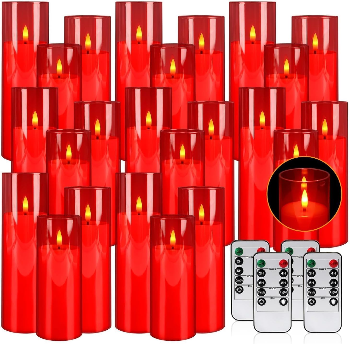 24-Pack Red Acrylic Flameless LED Candles with Remote Control - Realistic Flickering Battery - Operated Candles for Valentine's Day,Home Decor, Weddings, and Parties.