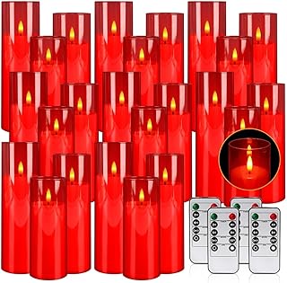 24-Pack Red Acrylic Flameless LED Candles with Remote Control - Realistic Flickering Battery - Operated Candles for Valentine's Day,Home Decor, Weddings, and Parties.