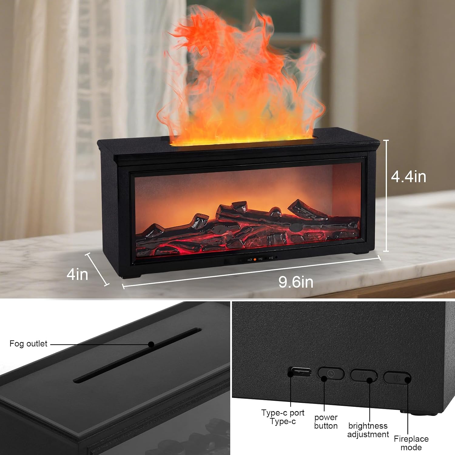 Fireplace Flame Essential Oil Diffuser Humidifier - Ultrasonic Aroma Diffuser with 7-Color Flame Effect, Remote Control & Auto-Off Timer for Bedroom, Home Office,Yoga(Black)