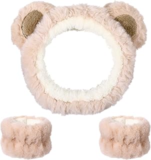 cobee 3 Pcs Bear Ears Face Wash Headband, Skincare Headband And Face Wash Wristbands, Cute Soft Elastic Makeup Headbands Brown For Women's Facial Makeup, Skincare, Spa, And Washing