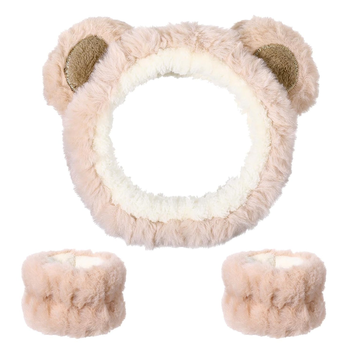 cobee 3 Pcs Bear Ears Face Wash Headband, Skincare Headband And Face Wash Wristbands, Cute Soft Elastic Makeup Headbands Brown For Women's Facial Makeup, Skincare, Spa, And Washing