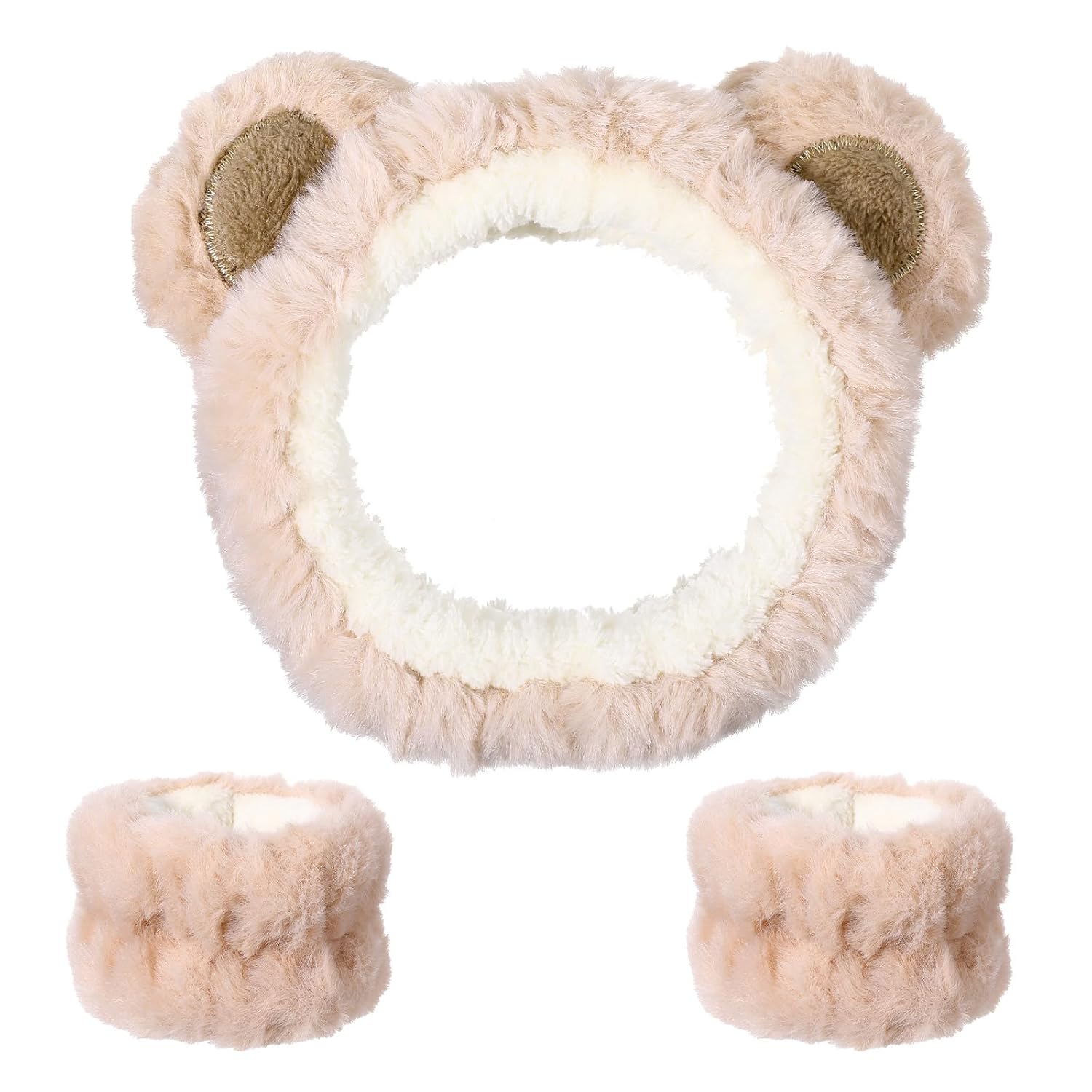 cobee 3 Pcs Bear Ears Face Wash Headband, Skincare Headband And Face Wash Wristbands, Cute Soft Elastic Makeup Headbands Brown For Women's Facial Makeup, Skincare, Spa, And Washing