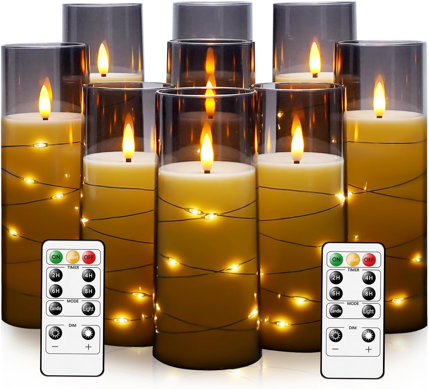 kakoya Flameless LED Candles with Timer 9 Pc Flickering Flameless Candles for Romantic Ambiance and Home Decoration Stable Acrylic Shell,with Embedded Star String，Battery Operated Candles（Grey）