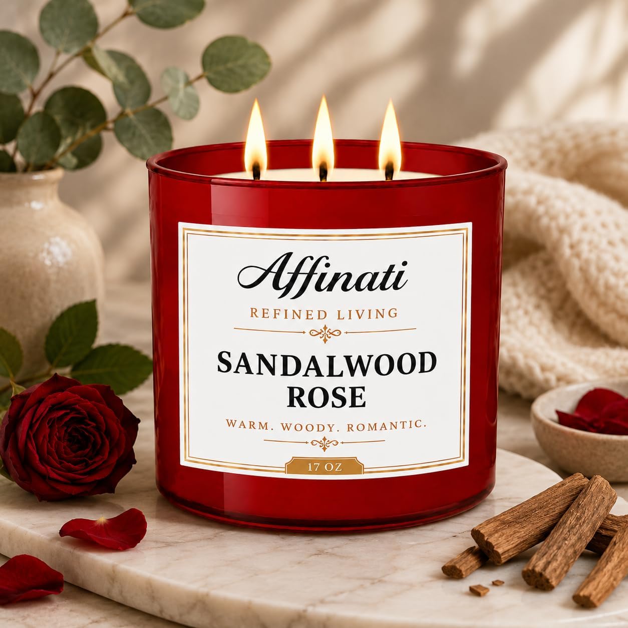 Affinati Sandalwood Rose 3-Wick Scented Candle – Large Soy Blend Candle, Strong Scent Throw Rich Woody Floral Aromatherapy Candle, Premium Elegant Gift for Women
