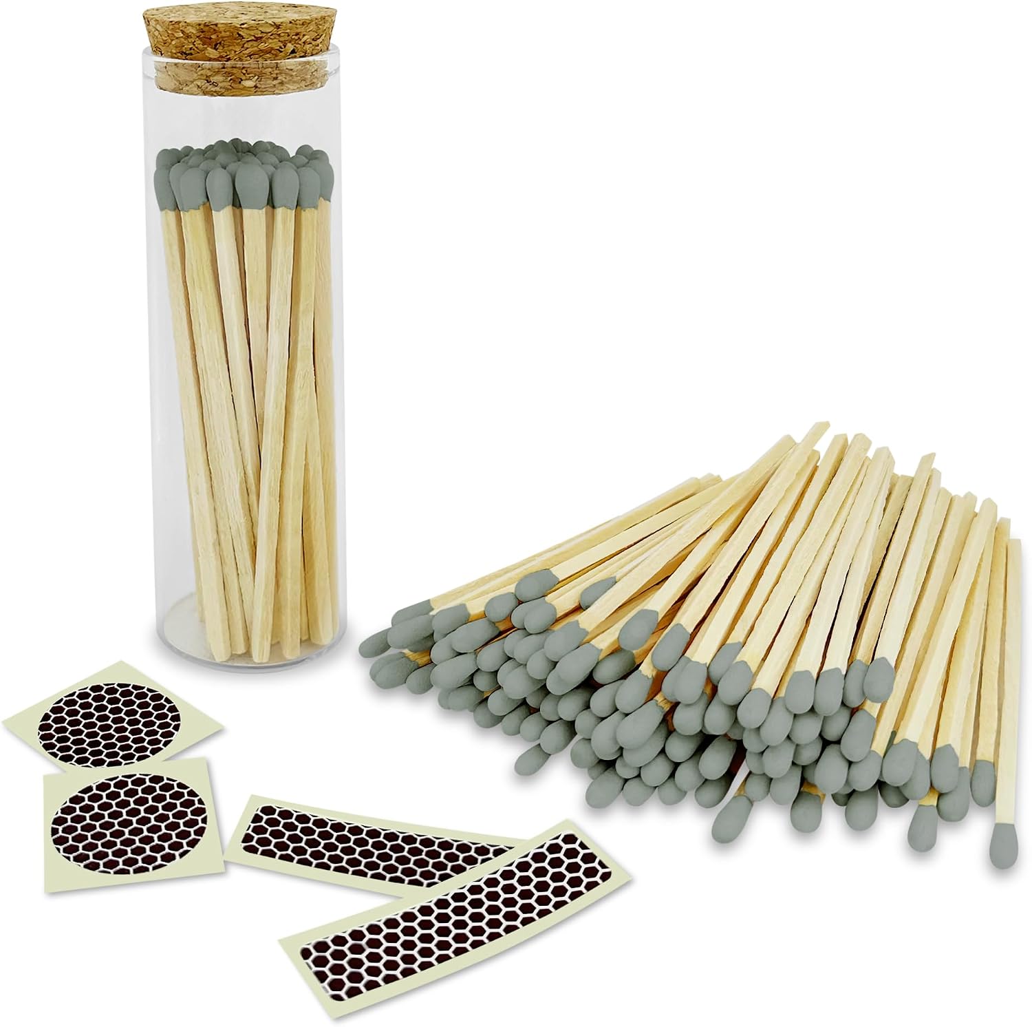 4" Gray Matches in a Chic Jar + Striker Stickers Included | 100 Stylish Decorative Safety Matches with a Modern Cork Top Glass Holder | Gifts, Home Decor, & Candle Accessories by Thankful Greetings