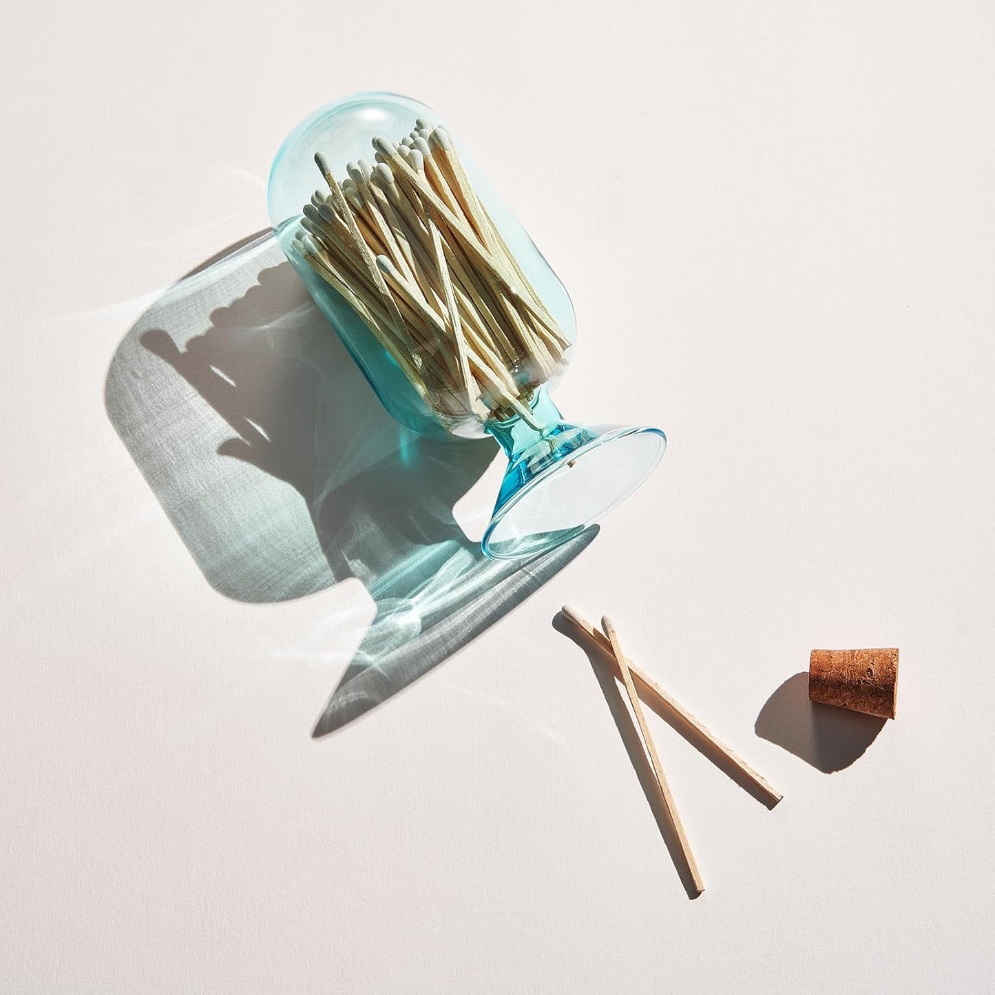 Includes 100 Match Sticks Glass Match Cloche with Striker - Blue with Cork Stopper - Fireplace, Home, Living Room, Office, Decor Decorative Candle Matches Gifts for Women Her - 6.7" H X 3"
