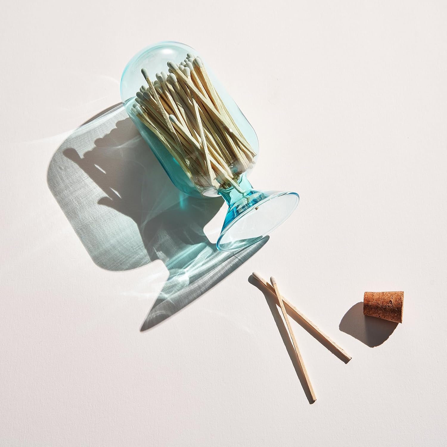 Includes 100 Match Sticks Glass Match Cloche with Striker - Blue with Cork Stopper - Fireplace, Home, Living Room, Office, Decor Decorative Candle Matches Gifts for Women Her - 6.7" H X 3"