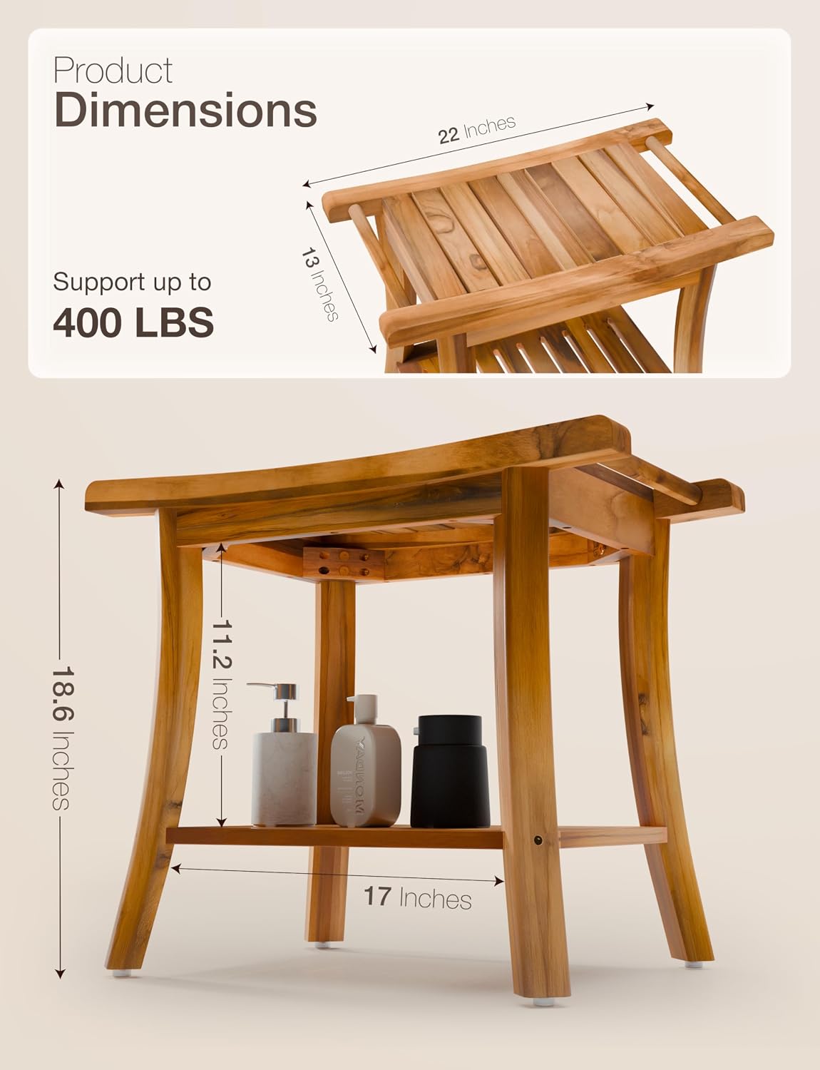 Tinamo Teak Shower Bench 22" L and Acacia Bathtub Caddy Tray 39" L Bundle