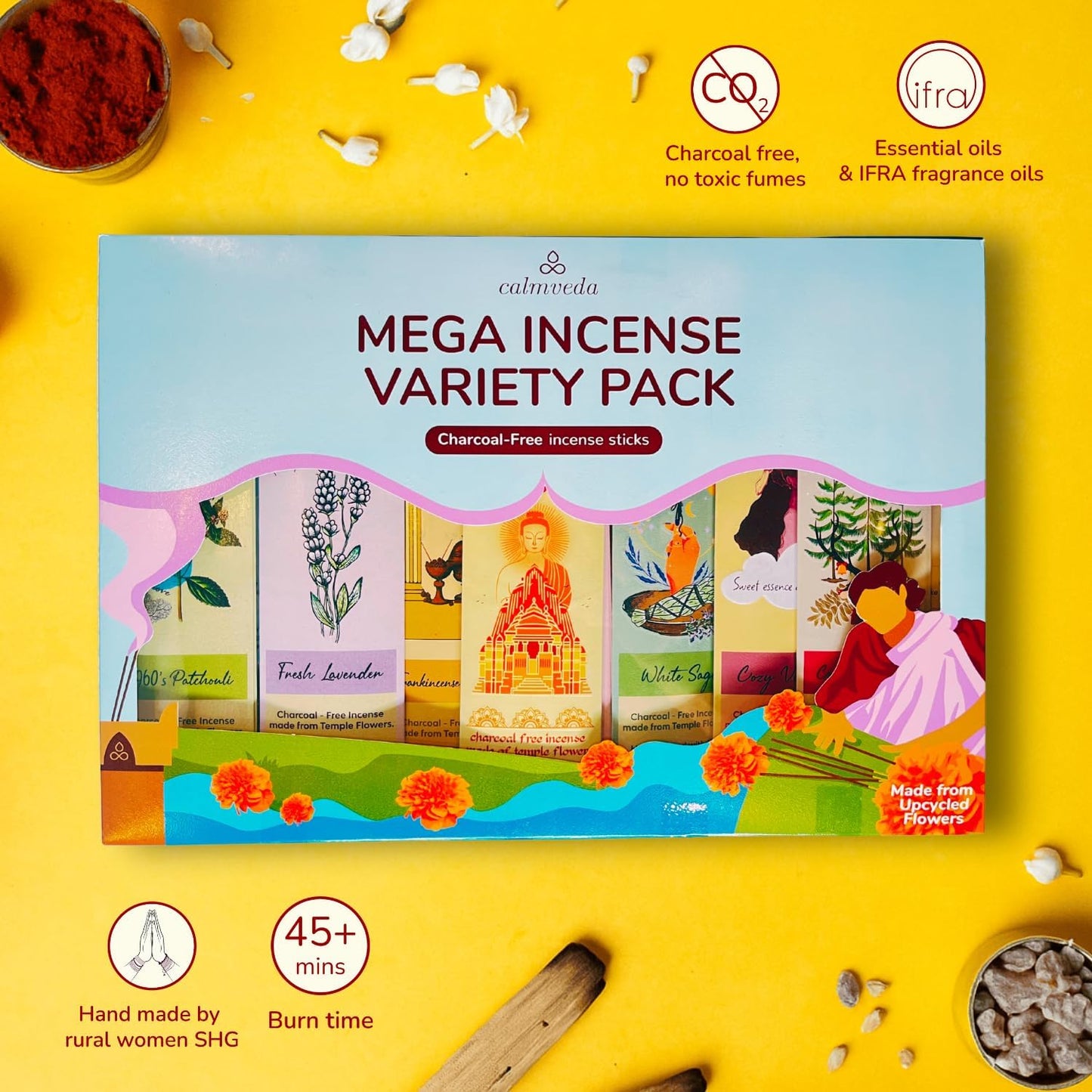 CALMVEDA Natural Incense Sticks Mega - Variety Pack (144 Insence-Sticks Bulk, 12 Aromas) Clean No Charcoal, Made from Upcycled Flowers | Organic Incense Stick Non Toxic (Slow Burn, Longlast)