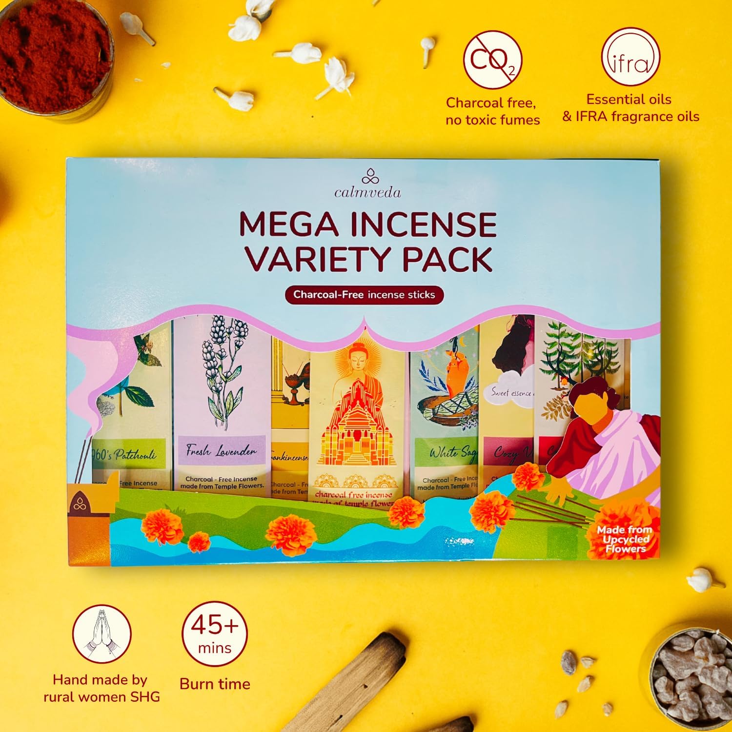 CALMVEDA Natural Incense Sticks Mega - Variety Pack (144 Insence-Sticks Bulk, 12 Aromas) Clean No Charcoal, Made from Upcycled Flowers | Organic Incense Stick Non Toxic (Slow Burn, Longlast)
