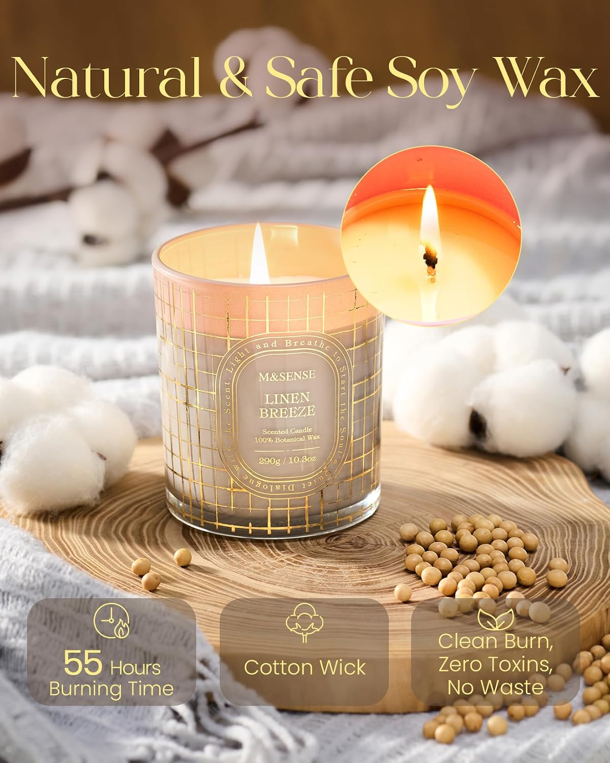M&SENSE Fresh Linen Soy Candle 10.3oz Golden Stamped | Non-toxic, 55H Slow Burn, Clean Cotton Summer Scented, Laundry Room & Bathroom Freshener