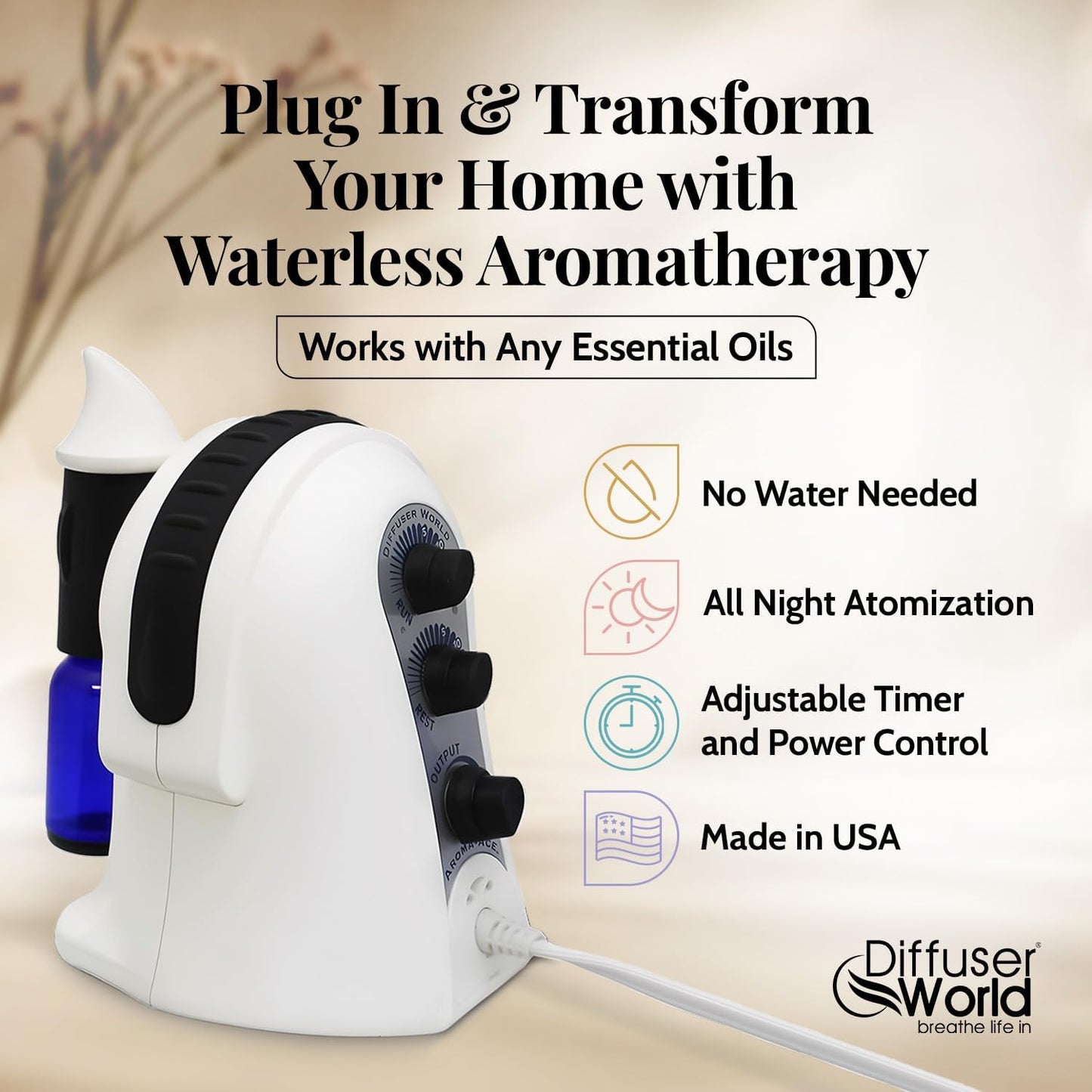 1000 Sq Ft Waterless Diffuser for Essential Oils, Made in USA Black Waterless Aroma Atomizer for Home Large Room Fragrance, Home Scent Machine, Air Aromatherapy with Adjustable Timer