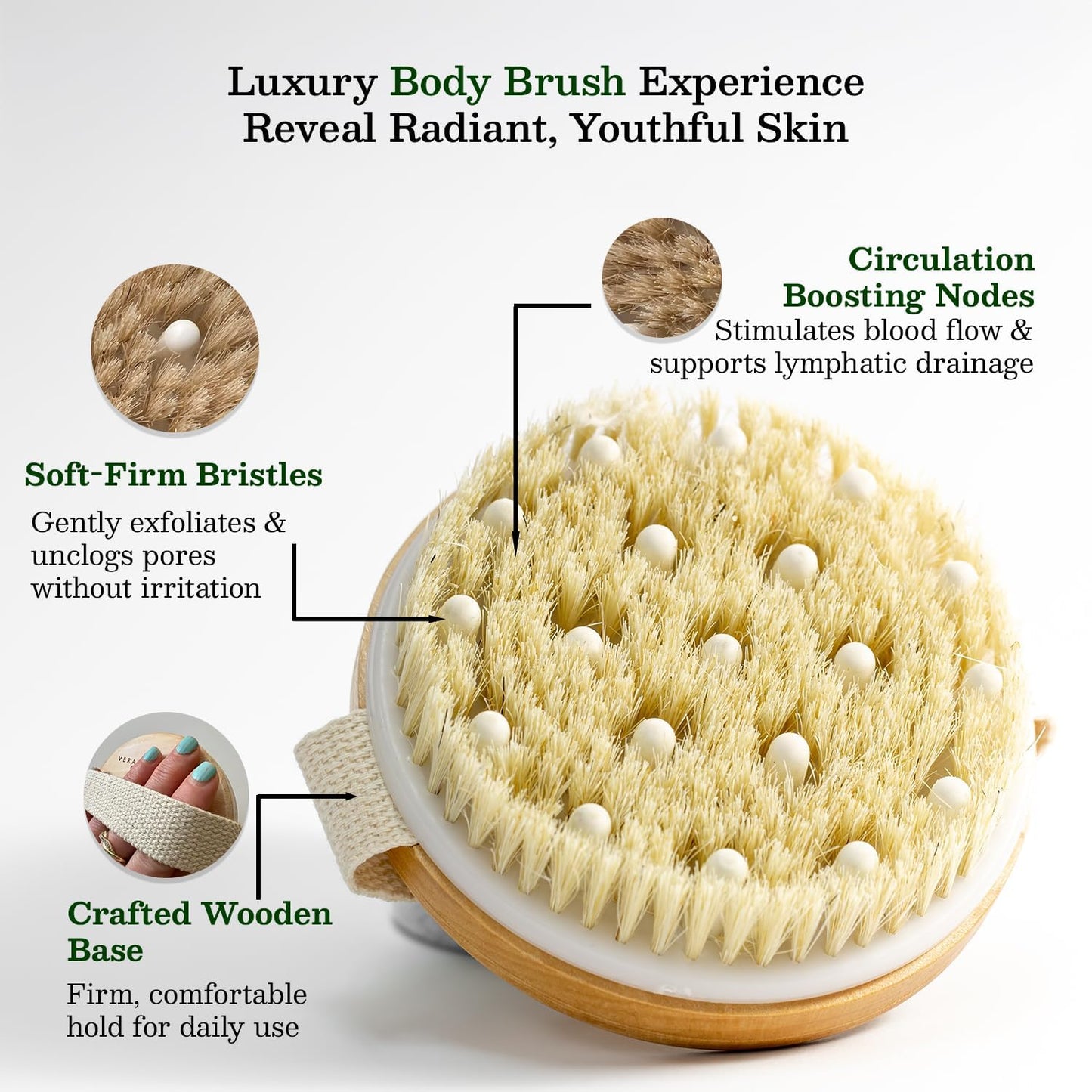 Large Dry Brushing Body Brush - Natural Boar Bristle Brush for Lymphatic Drainage, Cellulite, Blood Circulation - Skin Massage Nodes for Detox, Flawless Skin, Exfoliating Body Scrubber