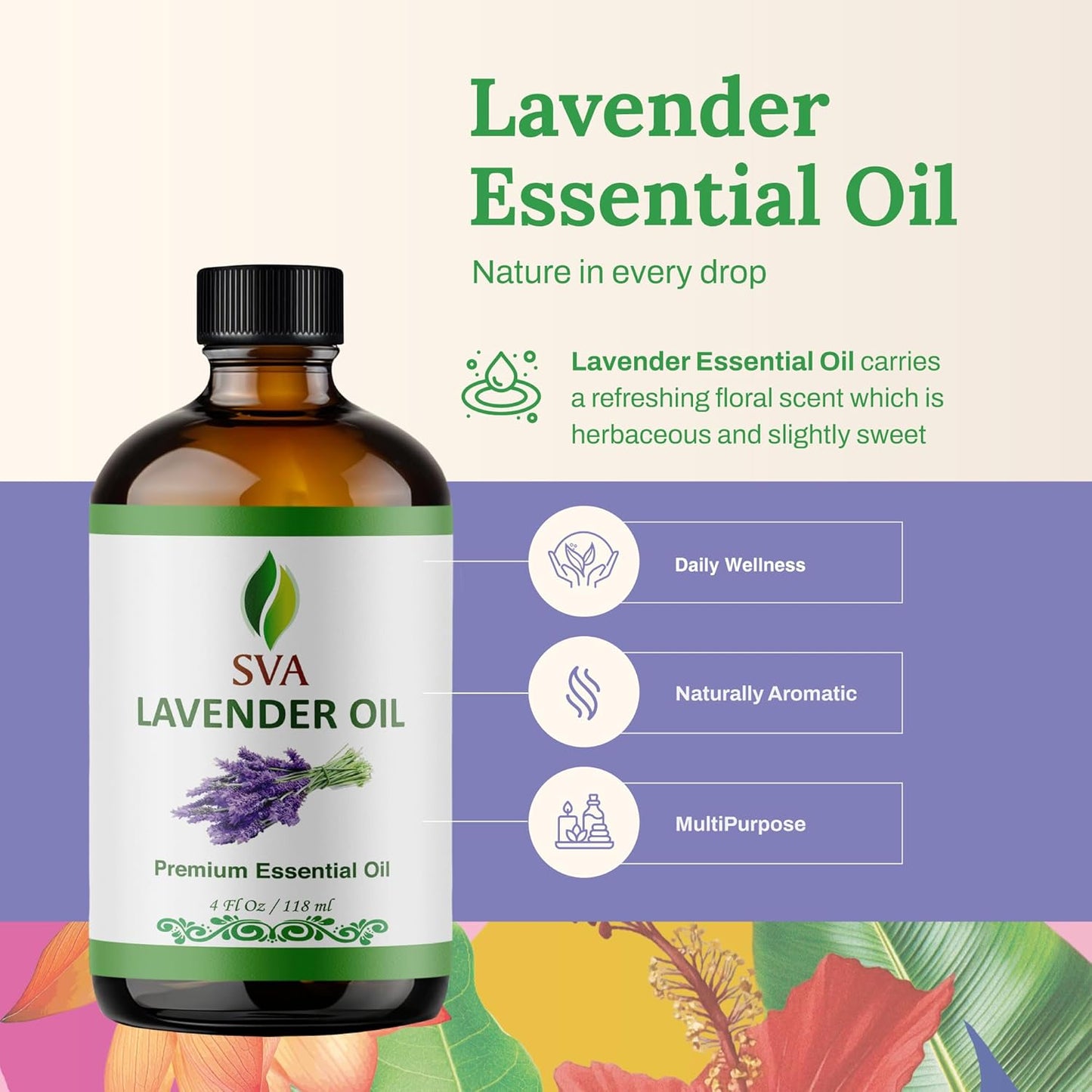SVA Lavender Essential Oil 4 Fl Oz – for Aromatherapy, Diffuser, Skin & Hair Care – Ideal for Massage & DIY Blends – with Dropper