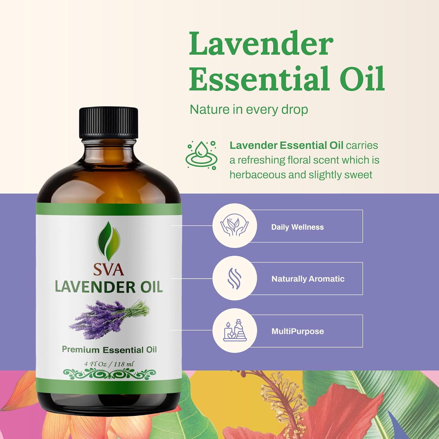 SVA Lavender Essential Oil 4 Fl Oz – for Aromatherapy, Diffuser, Skin & Hair Care – Ideal for Massage & DIY Blends – with Dropper