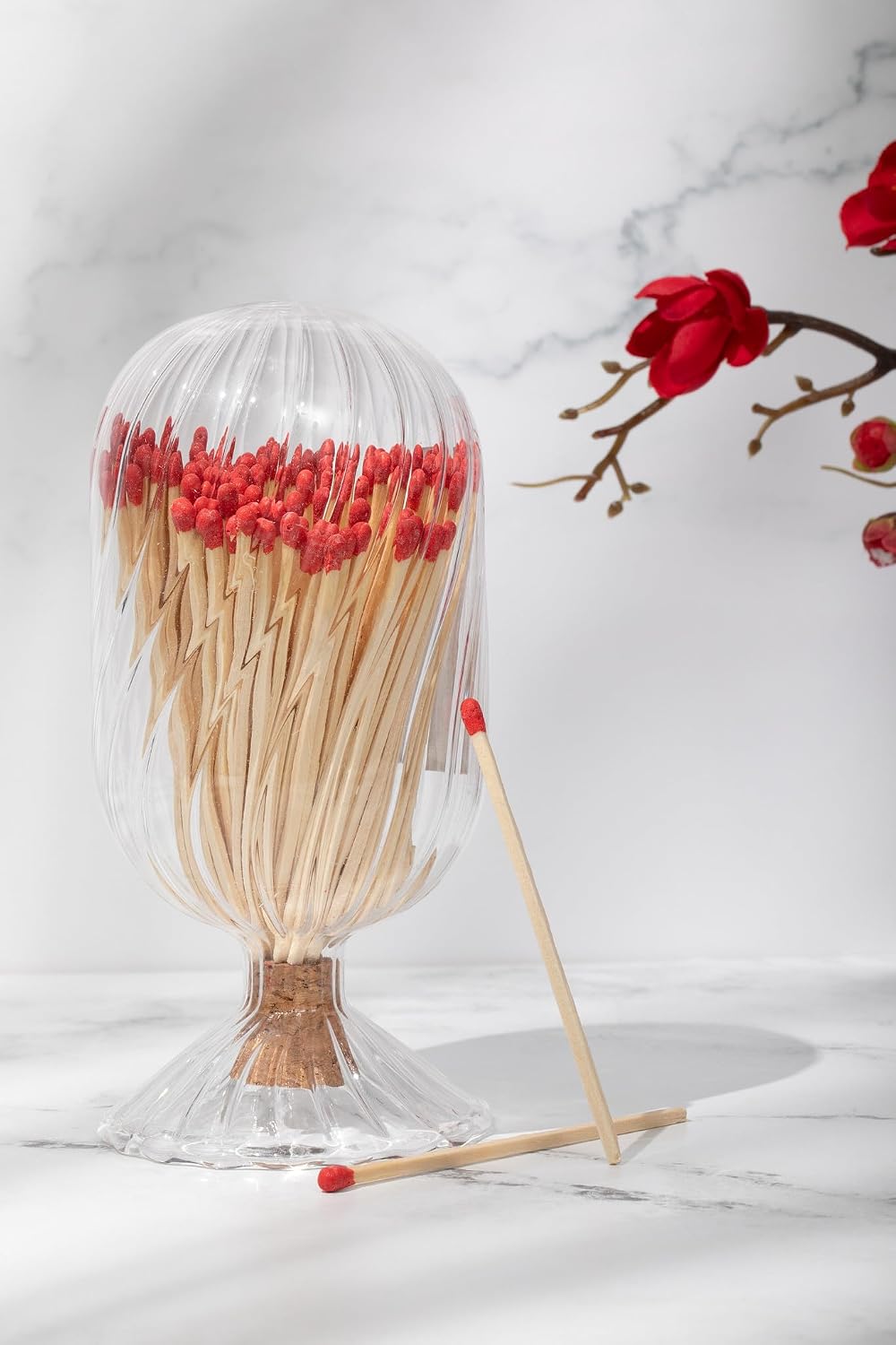 Premium Helix Glass Cloche - Decorative Jar with Striker. Holder for Long Matches for Candles, Fireplace, Bathroom Accessories, Bath Salts. Includes Attachable Match Striker. (No Matches)