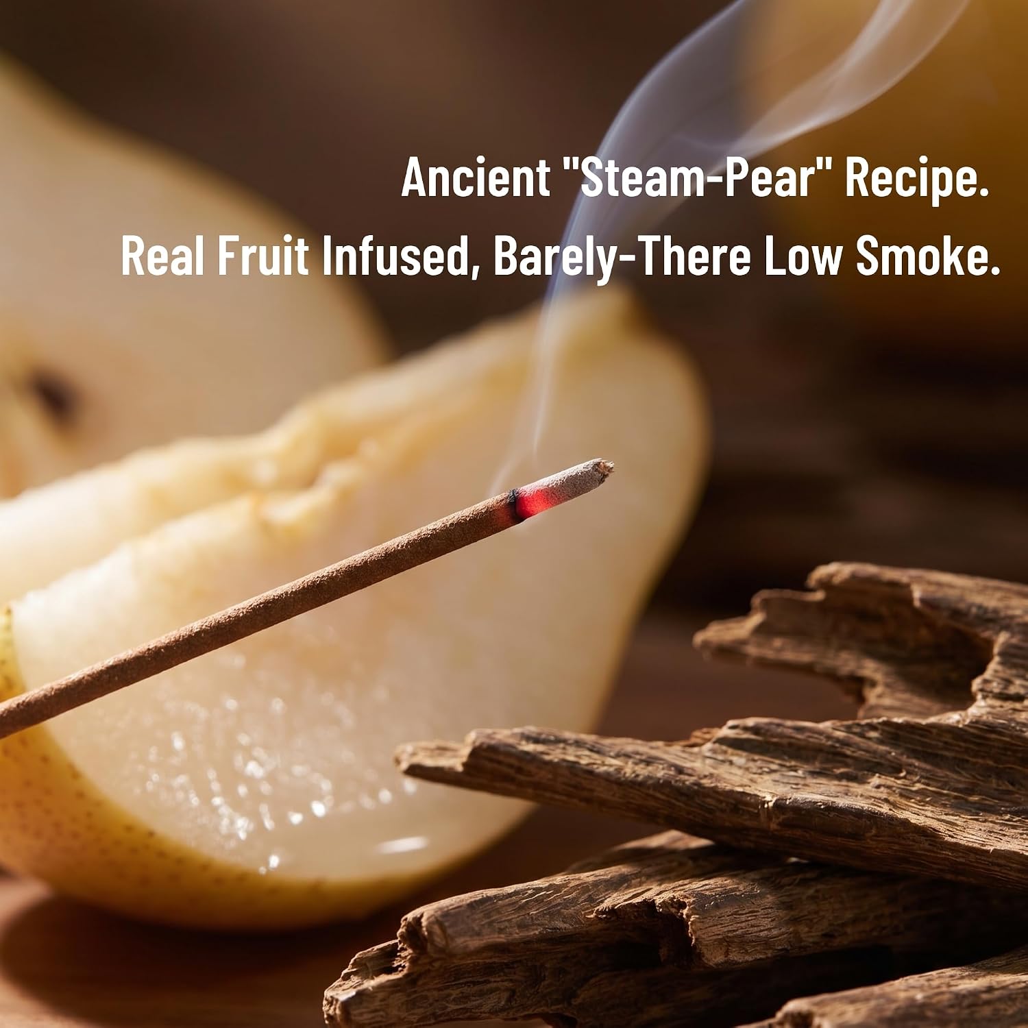 Pear-Steamed Sandalwood Incense Sticks with Agarwood — 20 Hand-Rolled Sticks, 3-Stage Scent (Fresh Pear to Milky Wood), Low Smoke, 30 Min Burn, Natural Incense for Meditation & Bedtime Ritual
