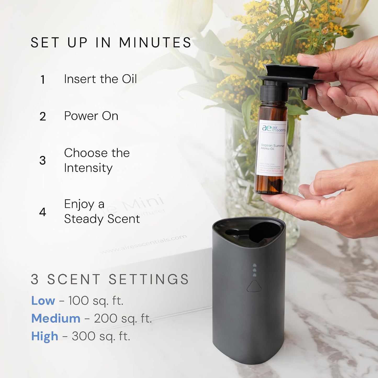 Air Esscentials The Mini Essential Oil Diffuser for Home, Waterless & Smart Portable Diffuser for Essential Oils, USB-C & Rechargeable with Adjustable Settings, Covers 300 Sq. Ft., Black