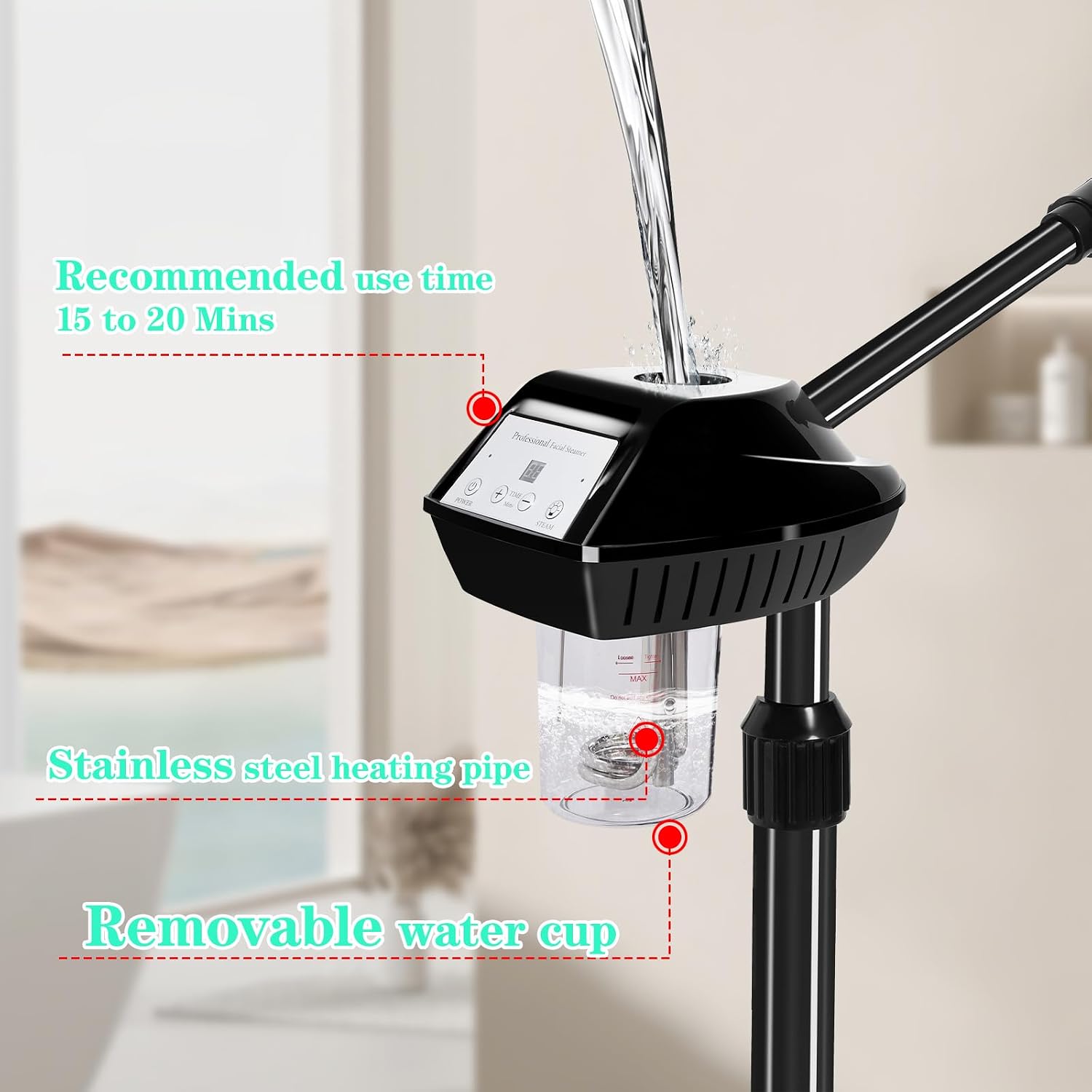 Facial Steamer Professional with More Steam for Deep Cleansing and Hydration, Face Steamer on Wheels with Time Setting, Estheticians Steamer Adjustable Height for Beauty, Spa and Home Use