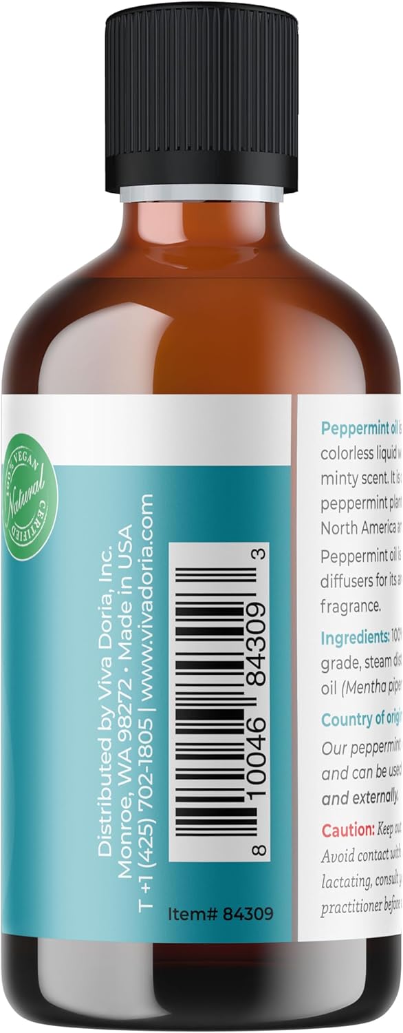 Viva Doria Peppermint Essential Oil, 100% Pure, Natural, Northwest Peppermint Essential Oil, Undiluted, for Aromatherapy | Food Grade, 118 mL (4 Fluid Ounce)