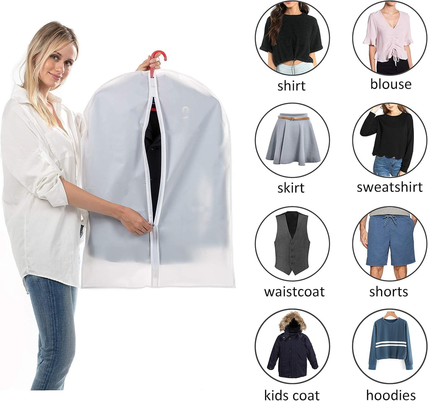 MsKitchen 6 Pack Shirt Garment Bags (24x36") - Dustproof Short Suit Covers - Durable PEVA Closet Bags with Sturdy Zipper for Blouses, Jackets, Sweaters & T-Shirts (Translucent)