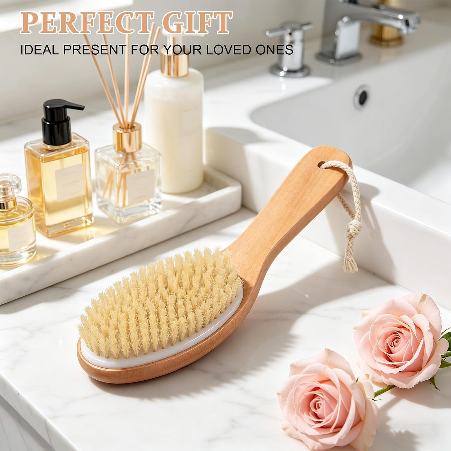 OWIIZI Dry Brushing Body Brush, Natural Boar Bristles Body Scrubber for Bath, Wooden Handle Lymphatic Drainage Brush for Skin Exfoliation and Foot Scrubbing